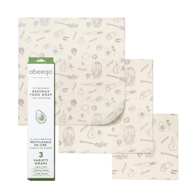 Abeego Beeswax Food Wrap 3 Wraps 7" 10" et 13" Feuilles